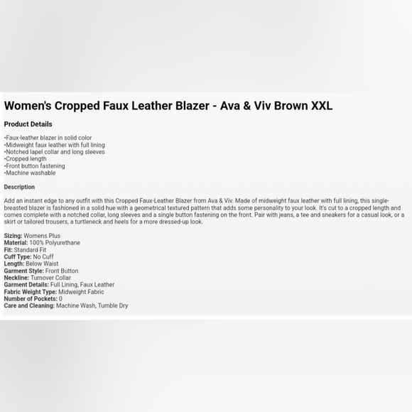 Women's Cropped Faux Leather Blazer - Ava & Viv Brown XXL/17 - Picture 7 of 7